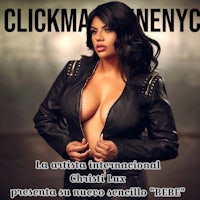 a woman in a leather jacket with the words clickman nyc