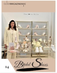 a woman is standing in front of a display of bridal shoes