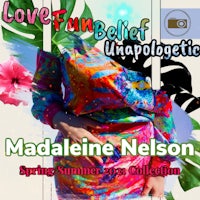 a woman in a colorful dress with the words love fun belief unapologetic