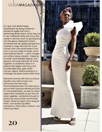 a woman in a white dress is featured in a magazine