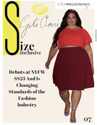 a magazine cover with a woman in a red skirt