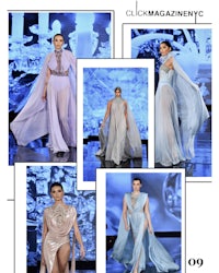 a series of pictures of women wearing gowns on the runway