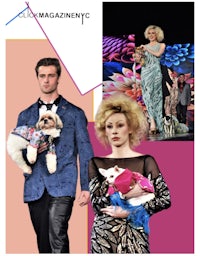 a woman with a dog on a runway