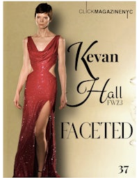 the cover of kevan hall's fashion magazine, featuring a woman in a red dress