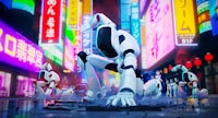 a group of robots in a city with neon lights