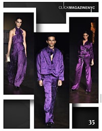 a collection of purple outfits on a runway