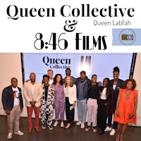 a group of people standing in front of a screen with the words queen collective 846 films