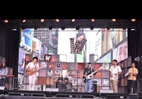 a group of people performing on stage in front of a large screen