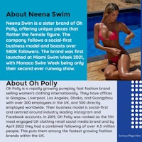 a picture of a woman in a bikini with the words about neena swim