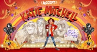 kate mitchell, a cartoon character, is standing in front of a colorful background