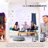 a group of people sitting in a living room with the words click magazine nyc