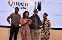 four people standing in front of a screen with the word queen collective