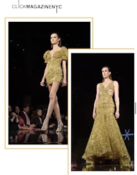 a gold dress and a gold dress on a runway