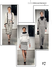 four women on the runway in black and white striped outfits