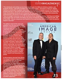 two men in tuxedos standing next to each other on a red background