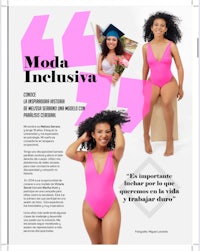 a woman in a pink swimsuit is posing for a magazine