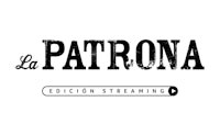 a black and white logo with the words la patrona streaming