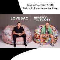 two men are sitting on beanbags with the words lovesac & jeremy scott limited release supreme cover