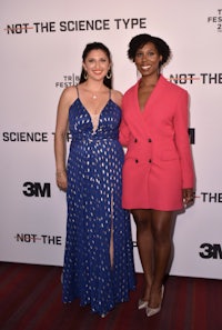 two women posing on the red carpet at the not the science type premiere