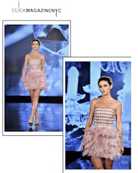 an image of a woman wearing a pink feathered dress on the runway