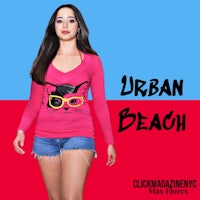 a woman in a pink shirt with the words urban beach on it